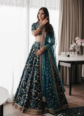 Heavy Velvet Green Color Bridal Lehenga Choli With Embroidery Work